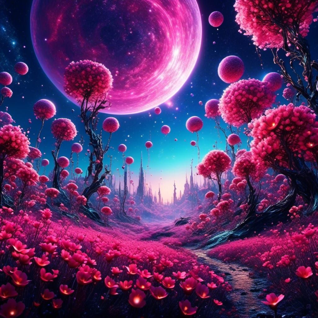 Exotic Alien World with Glowing Pink Flowers