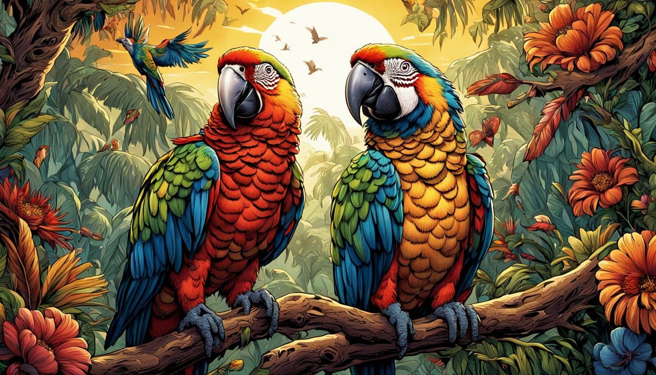 Parrot in Vibrant Costume Shines Amidst Tropical Paradise