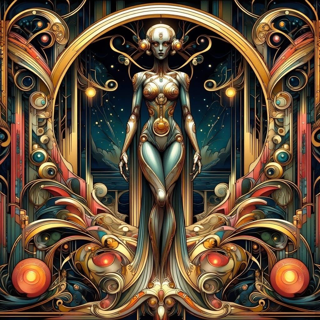 <lora:Art deco nouveau 2:1.0> Robot Maria from the film Metr...