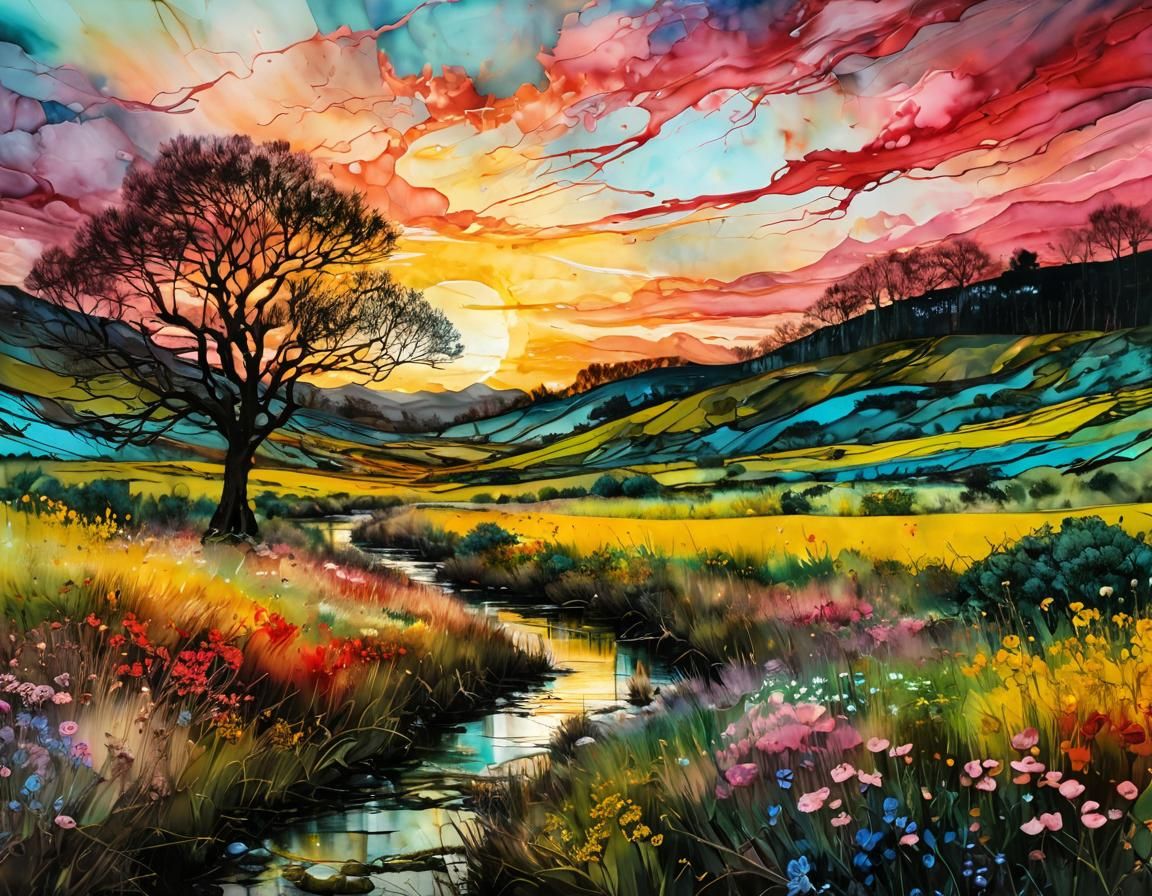 Encaustic Spring Sunset Landscape in Van Gogh Style