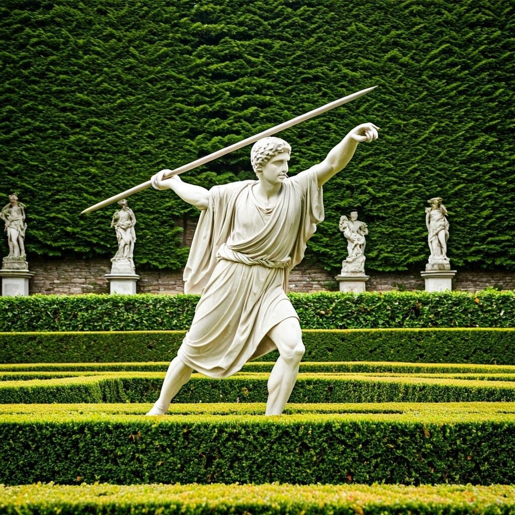Marble Javelin Thrower Sculpture in Garden, Neoclassical Sty...