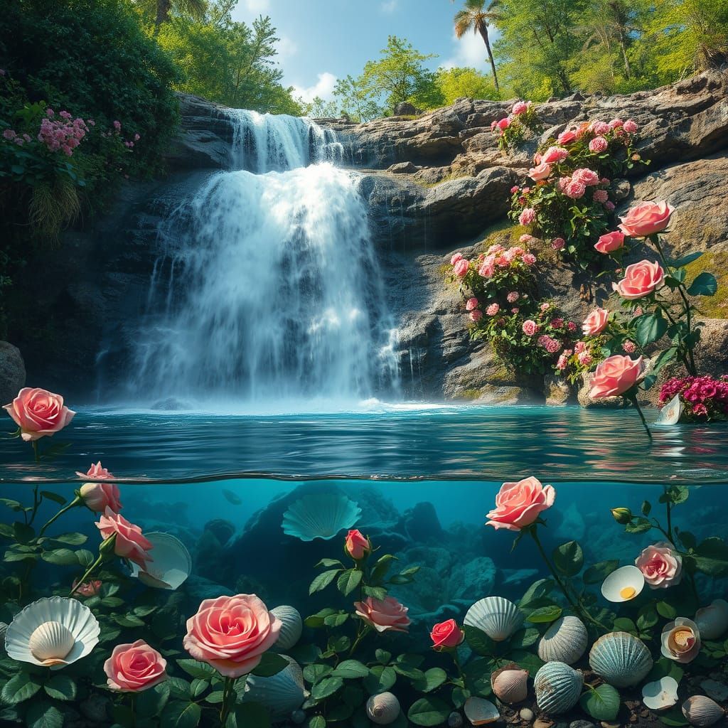 Waterfall with Roses and Seashells