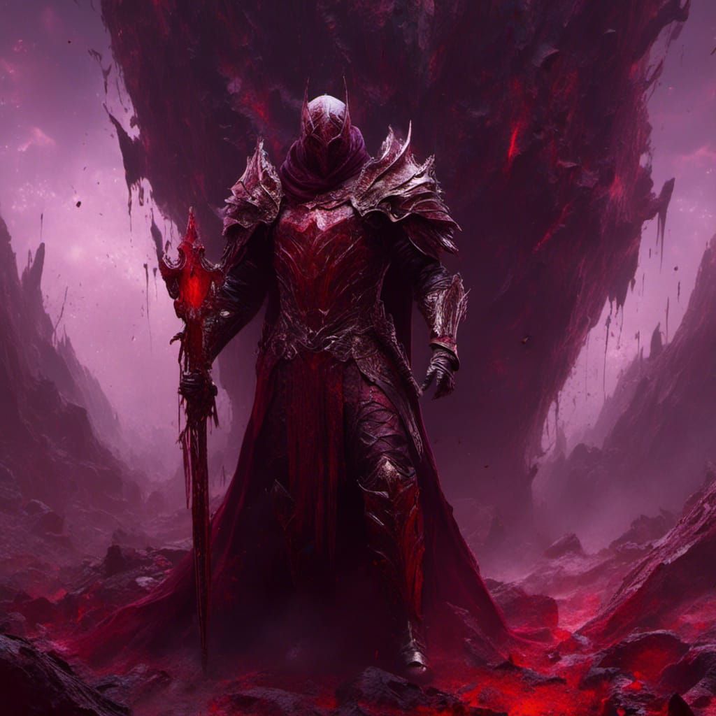 Blood God in Maroon Armor, Dark Fantasy Art