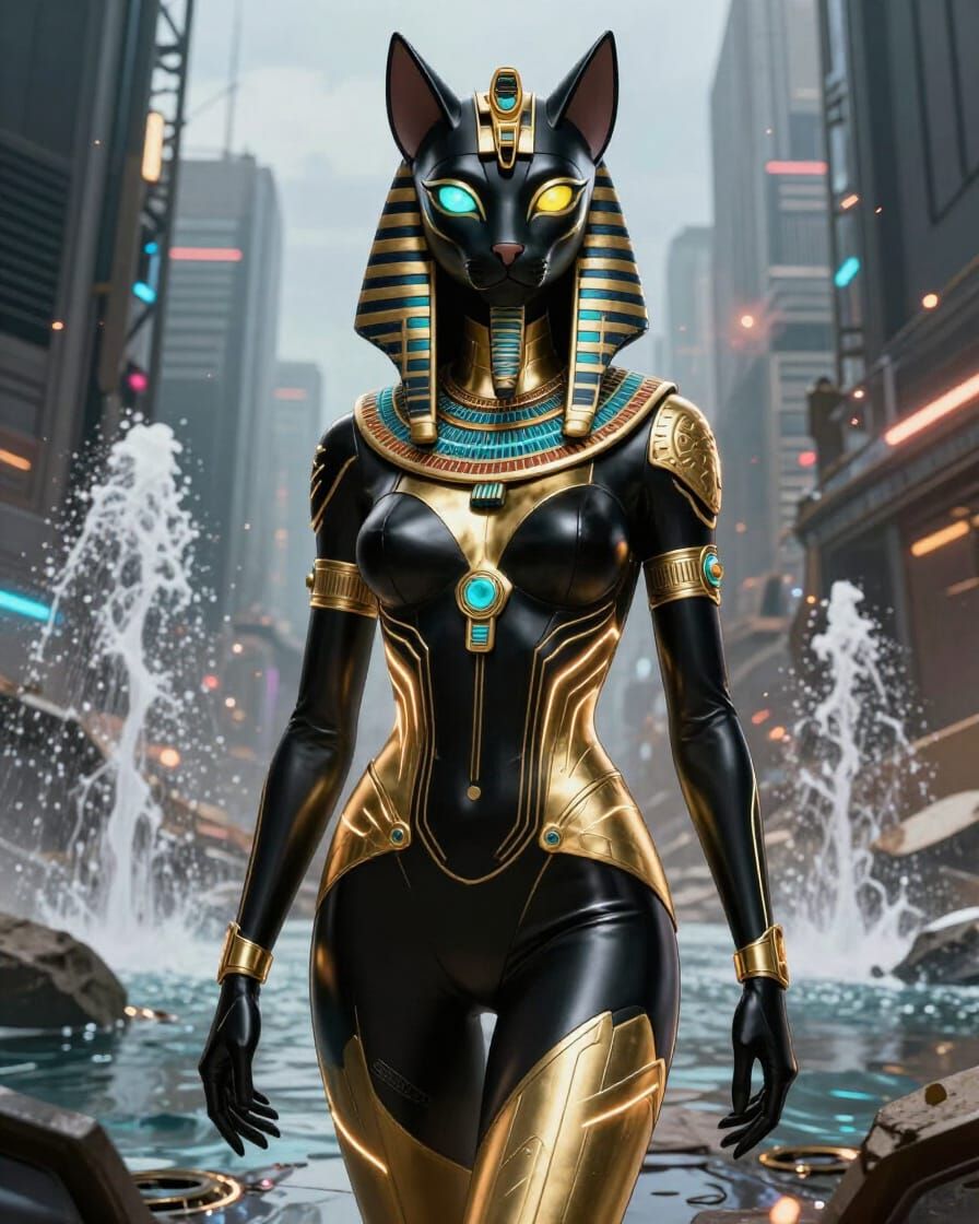 Cyberpunk Bastet Goddess Overlooking Ruined City