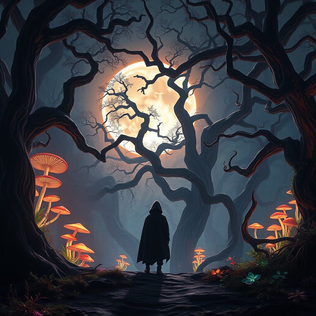 Mystical Figure Stands Before Glowing Forest in Cyberpunk-In...