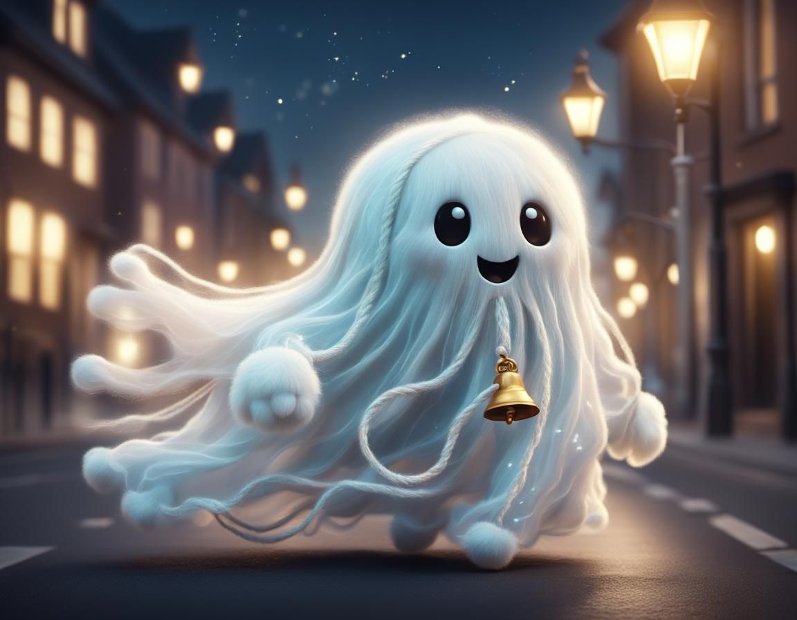 Cute Ghost Flies at Night: Whimsical Illustration