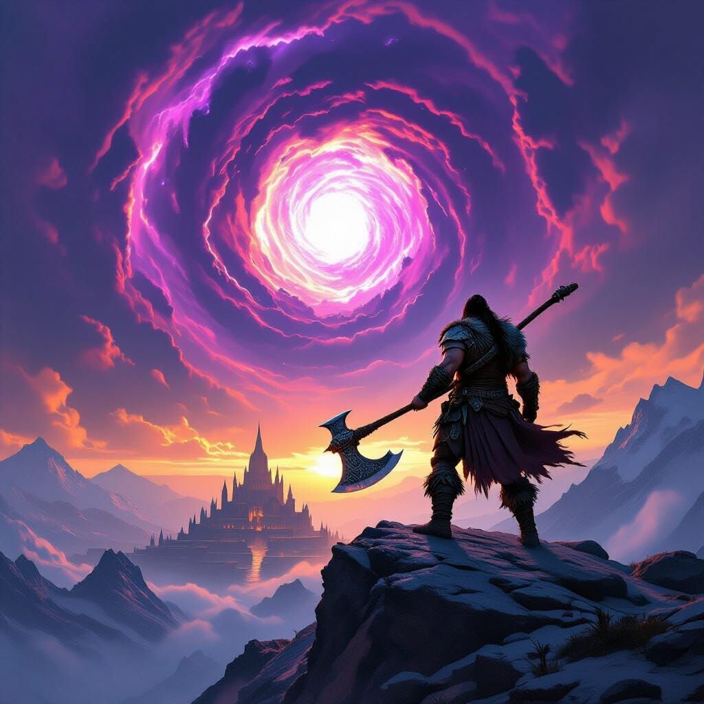 Barbarian Warrior on Mountain Peak Overlooking Cosmic Vortex