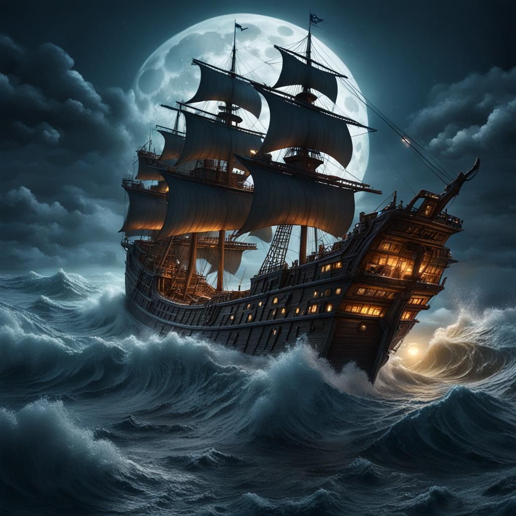 Moonlit Wooden Ship in Raging Sea