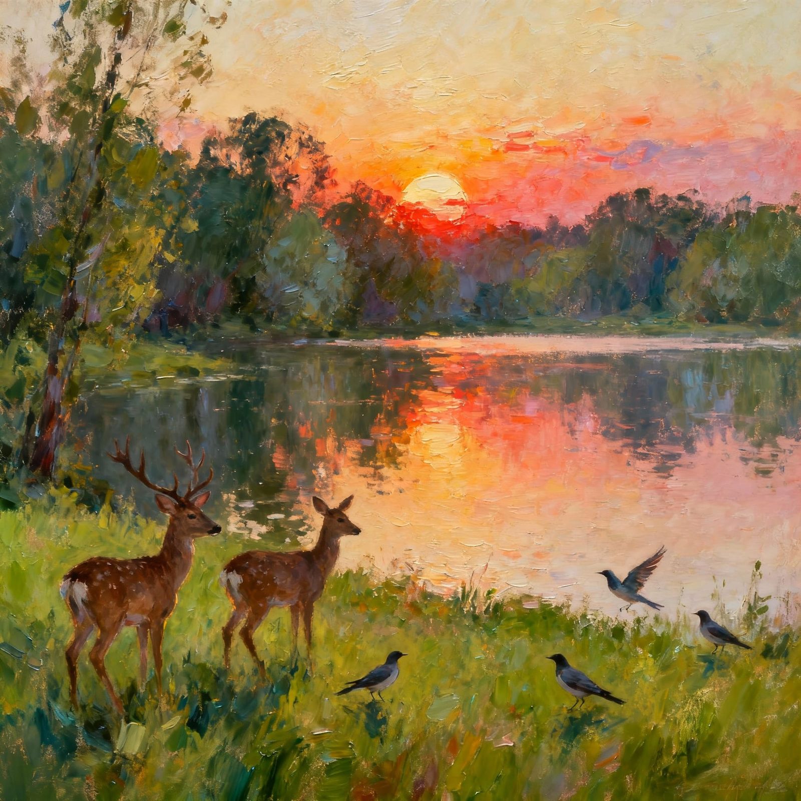 Serene Lake Sunset with Wildlife in Impressionist Style