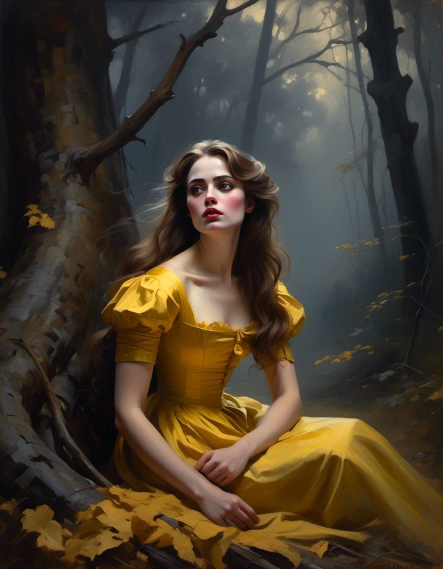 Frightened Victorian Woman in Misty Forest