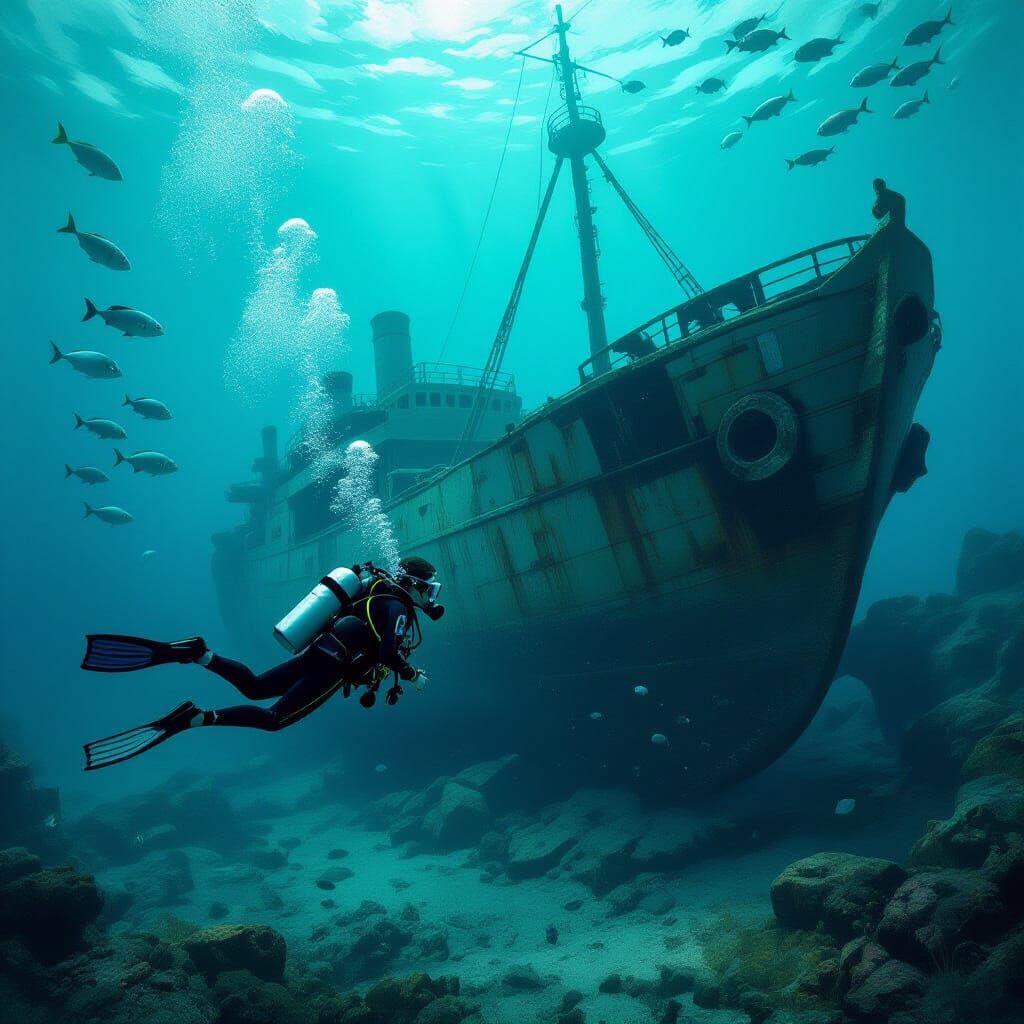 Scuba Diver Explores Sunken Shipwreck