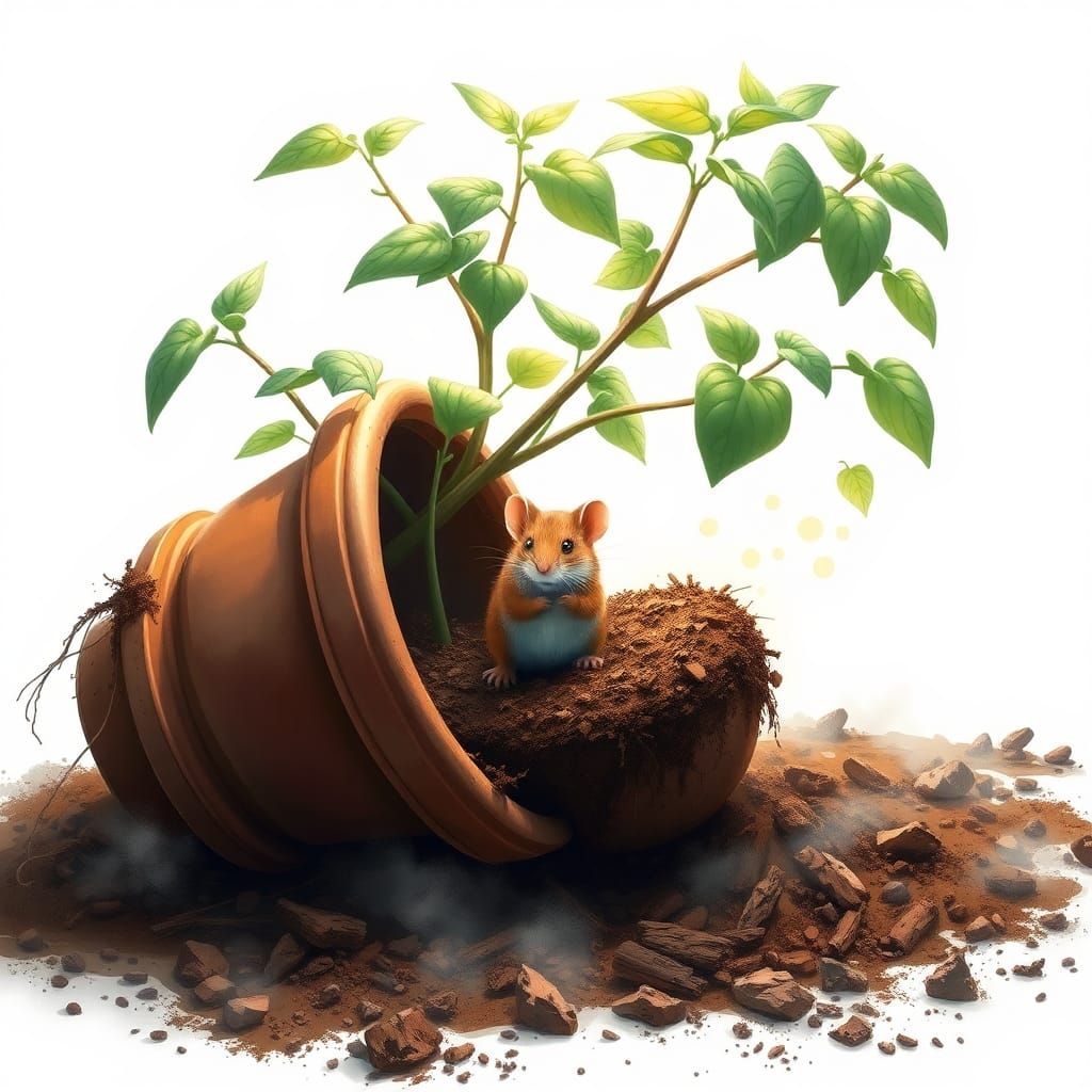 Cute Mouse Mischief: Tipped Plant in Vector Art