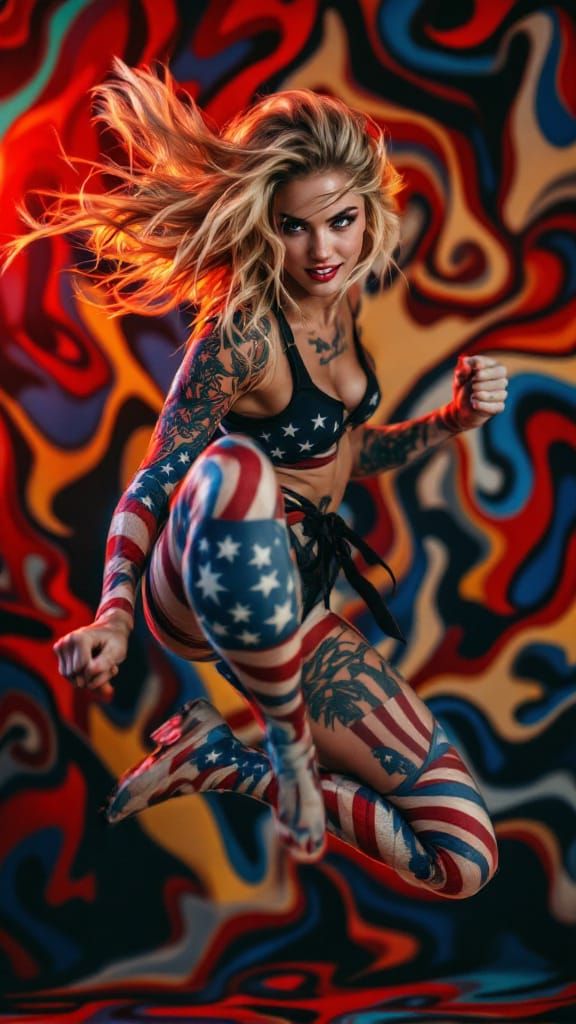 Woman with American Flag Tattoos in Pop Art Style
