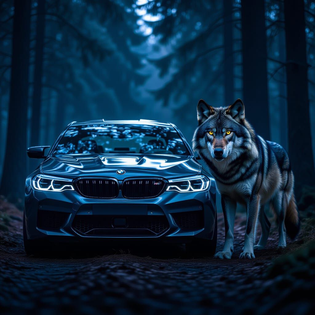 BMW M5 With Wolf in Moonlit Forest