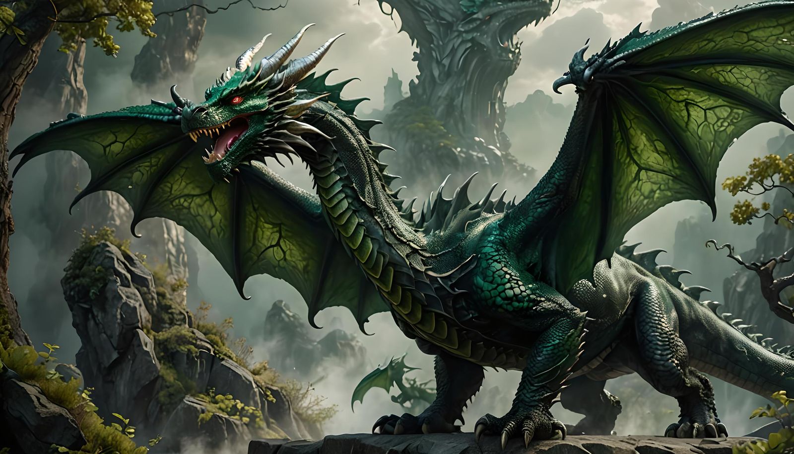 Epic Black-Green Dragon Roaring in Ancient Forest