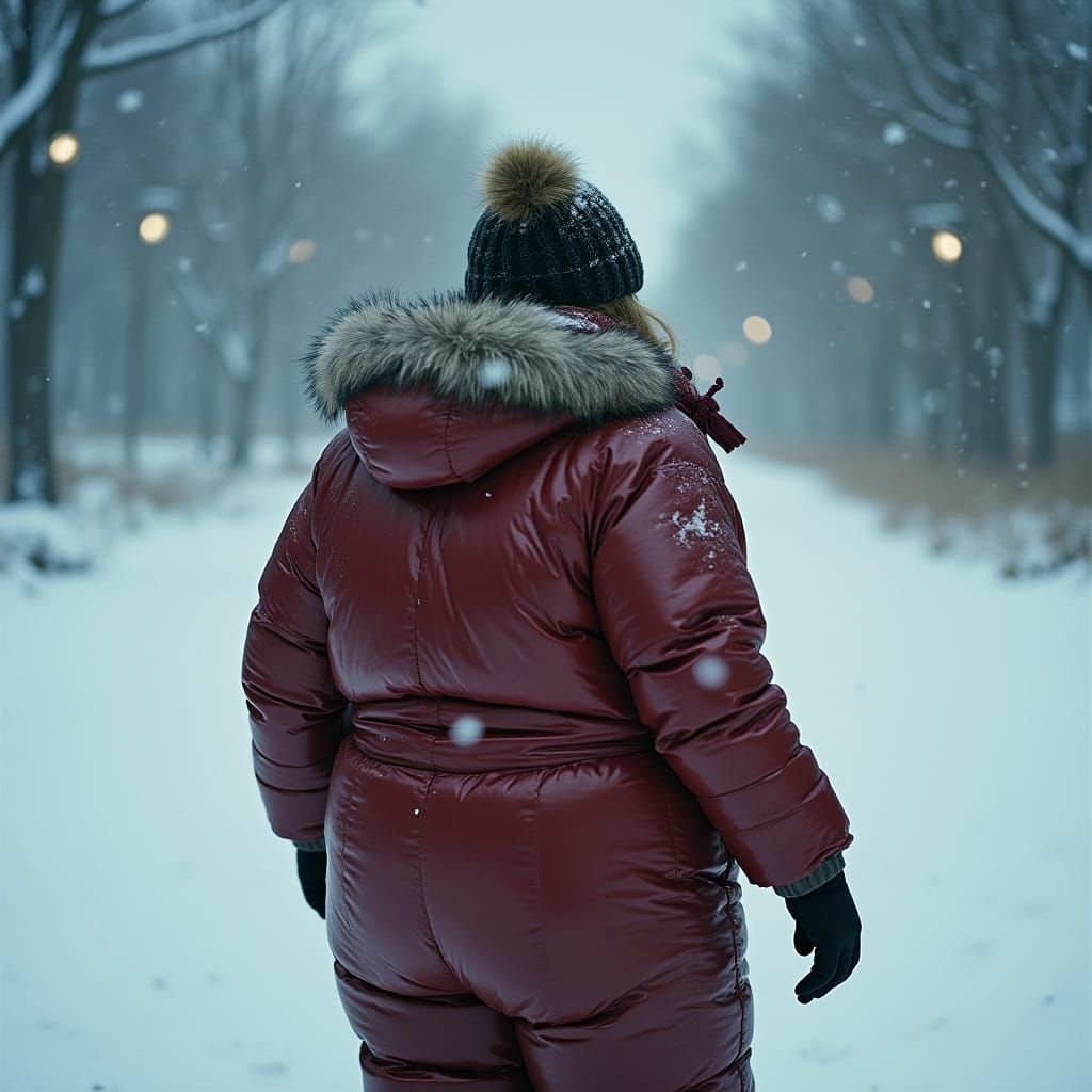 Woman in Glossy Puffer Suit Playing in Snow