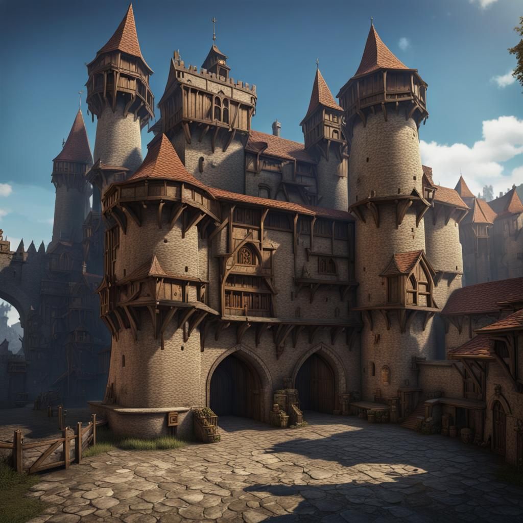 Fortified Compound in Medieval Fantasy City: Detailed Matte ...