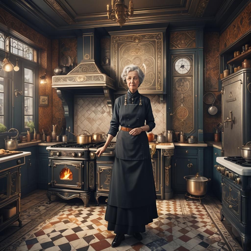 Grandmother Posing with Art Deco Stove