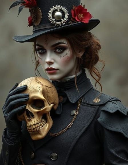 Steampunk Doctor with Skull and Raven in Oil Painting Style