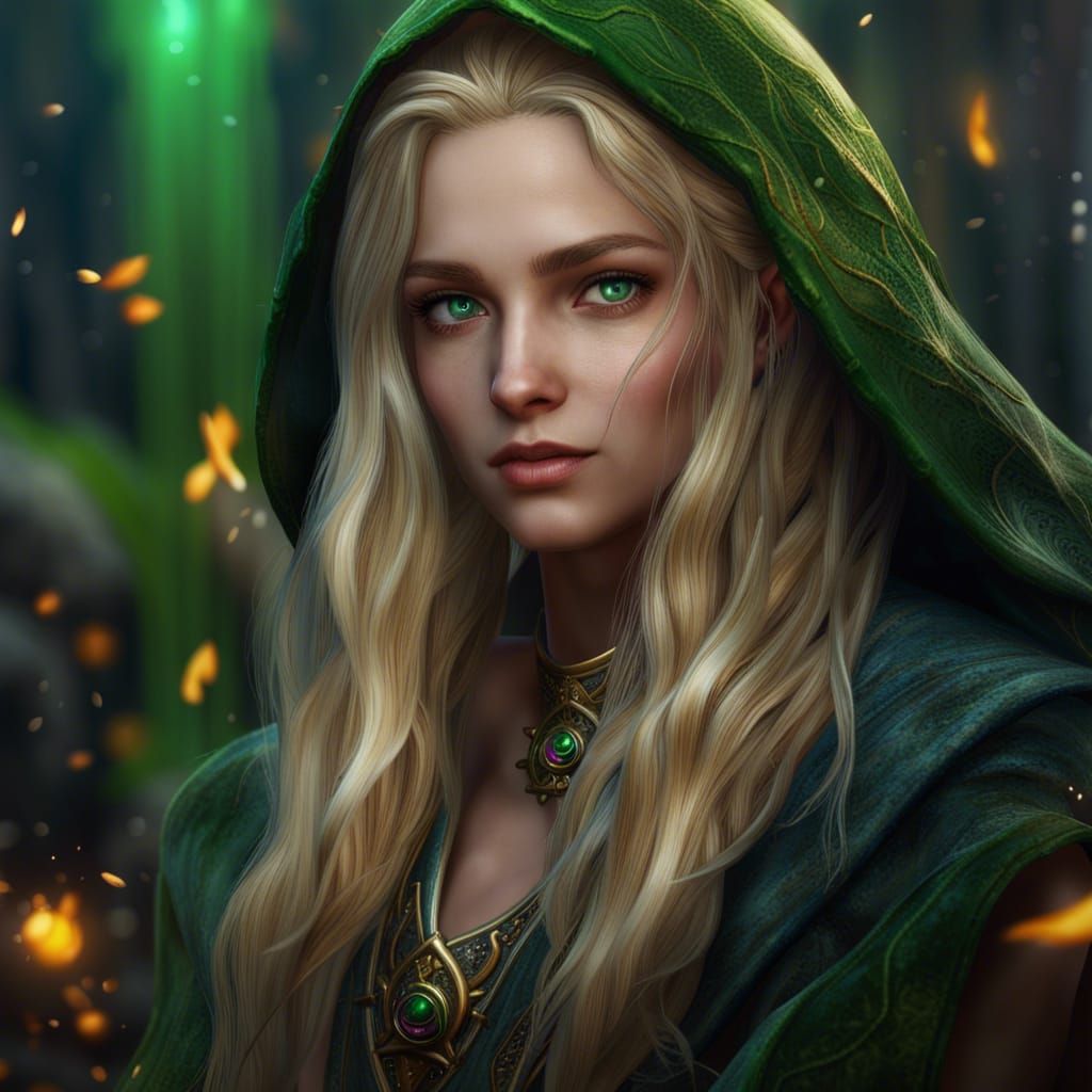 Blonde Green-Eyed Mage in Detailed Fantasy Art
