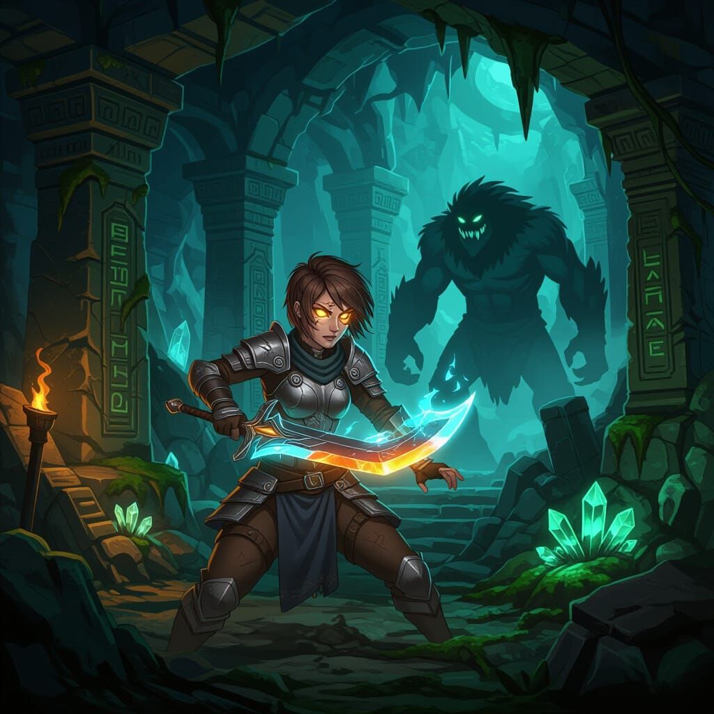 Anime Explorer Battles Shadow Creature in Crystal Caves