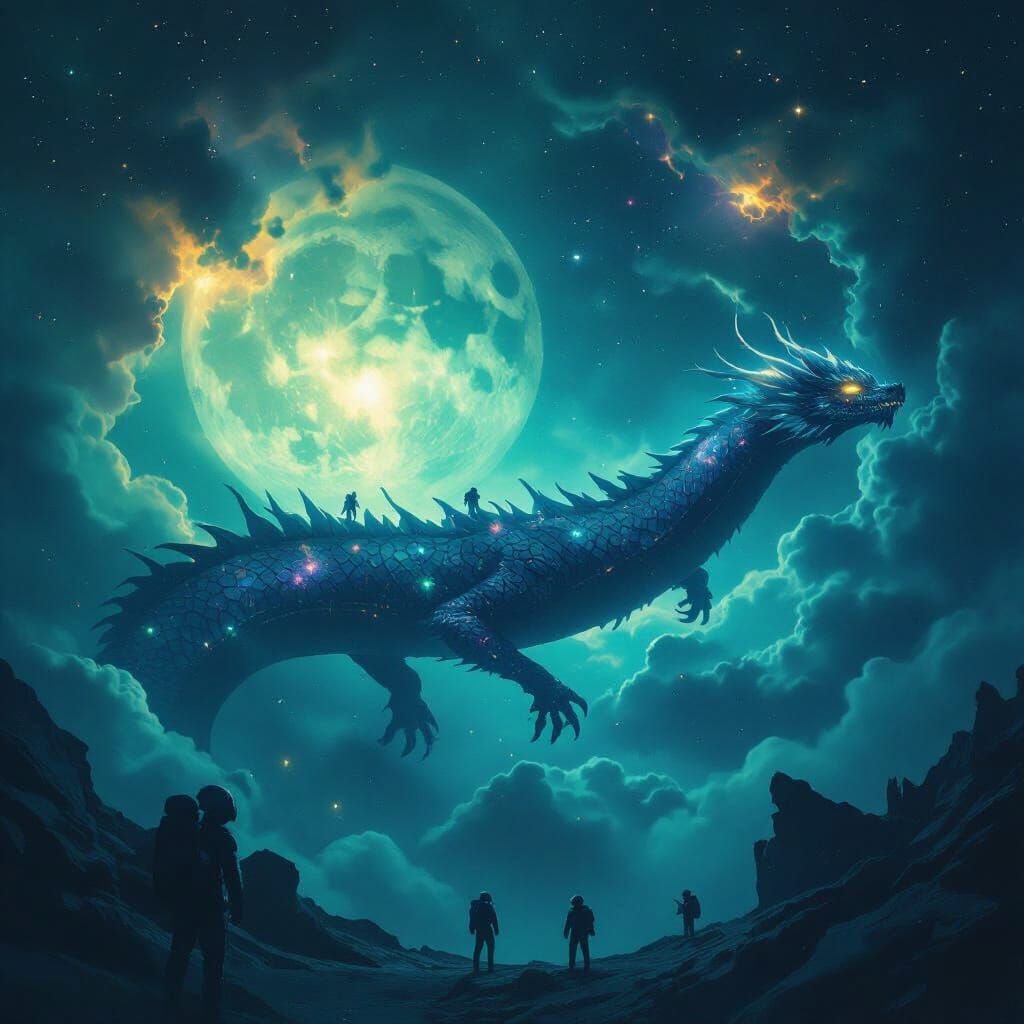 Celestial Dragon Coils Around Shattered Moon