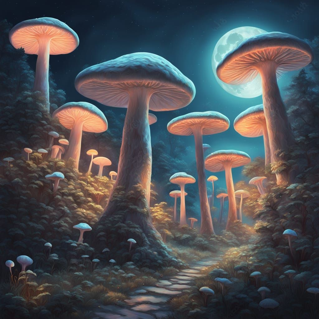 Giant Under Moonlit Forest: Surreal Oil Painting
