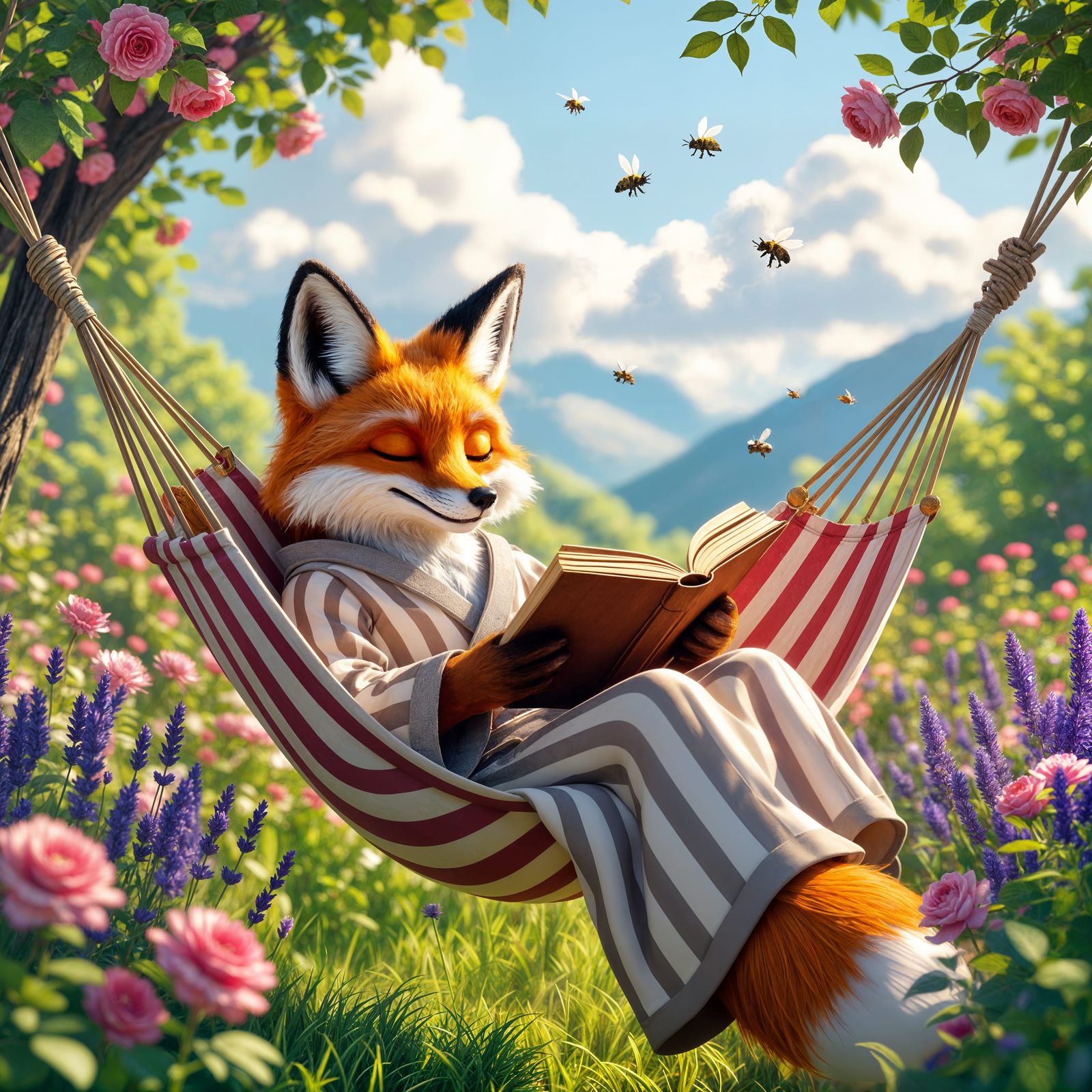 Fox in Hammock: Idyllic Garden Scene in 3D