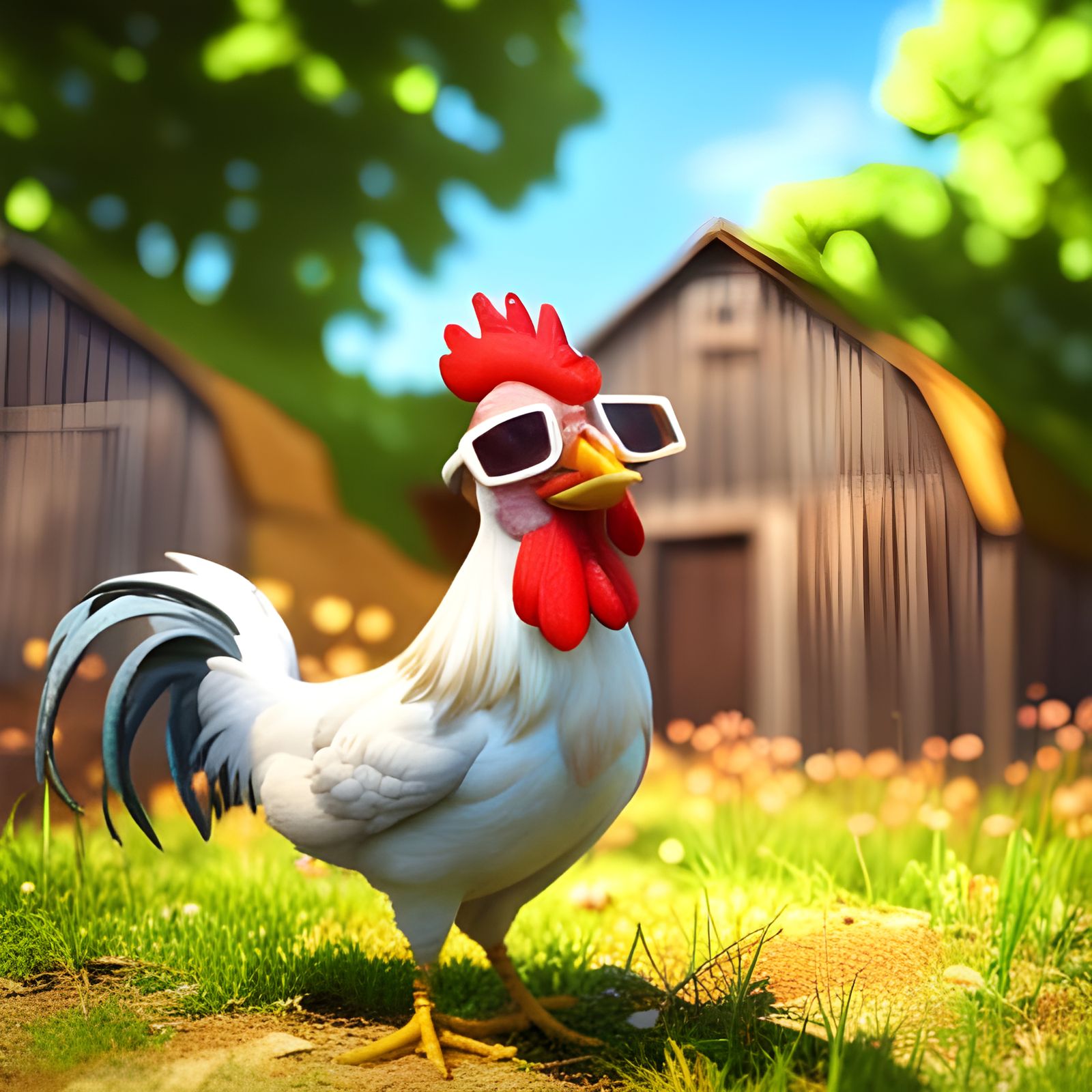 Rooster with Sunglasses on Summer Farm: 3D Digital Art