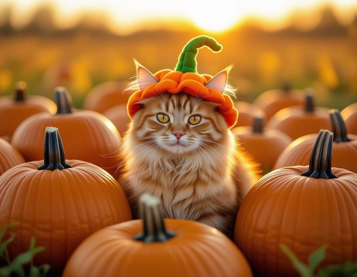 Adorable Fluffy Cat Dressed as Pumpkin in Golden Hour Field