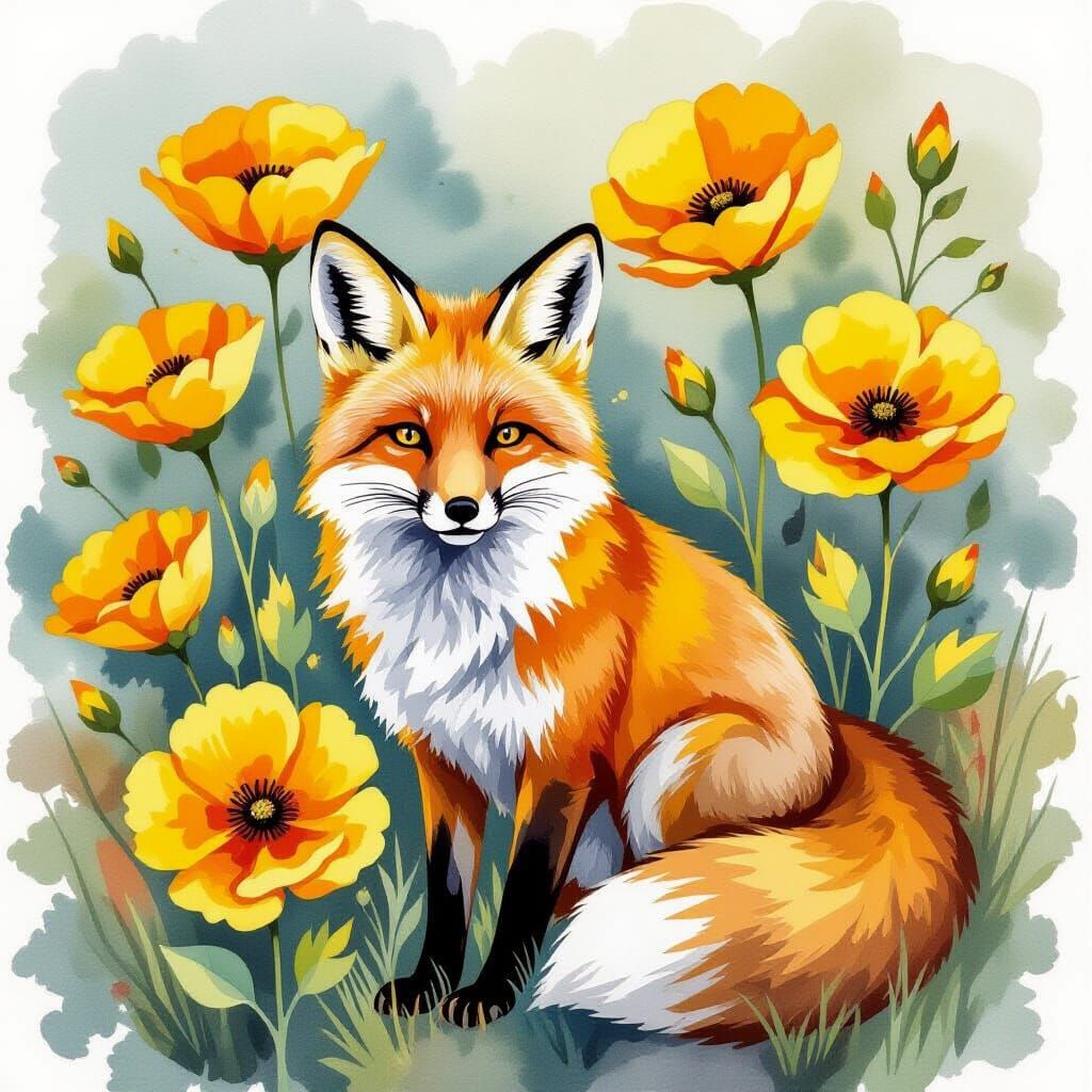 Fox Among Brilliant Yellow Flowers Ink-Wash Watercolor