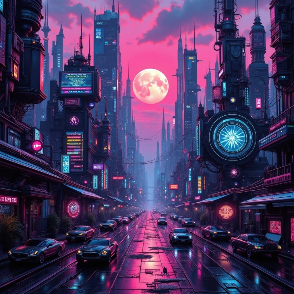 Dark Cyberpunk Cityscape at Dusk with Neon Lights