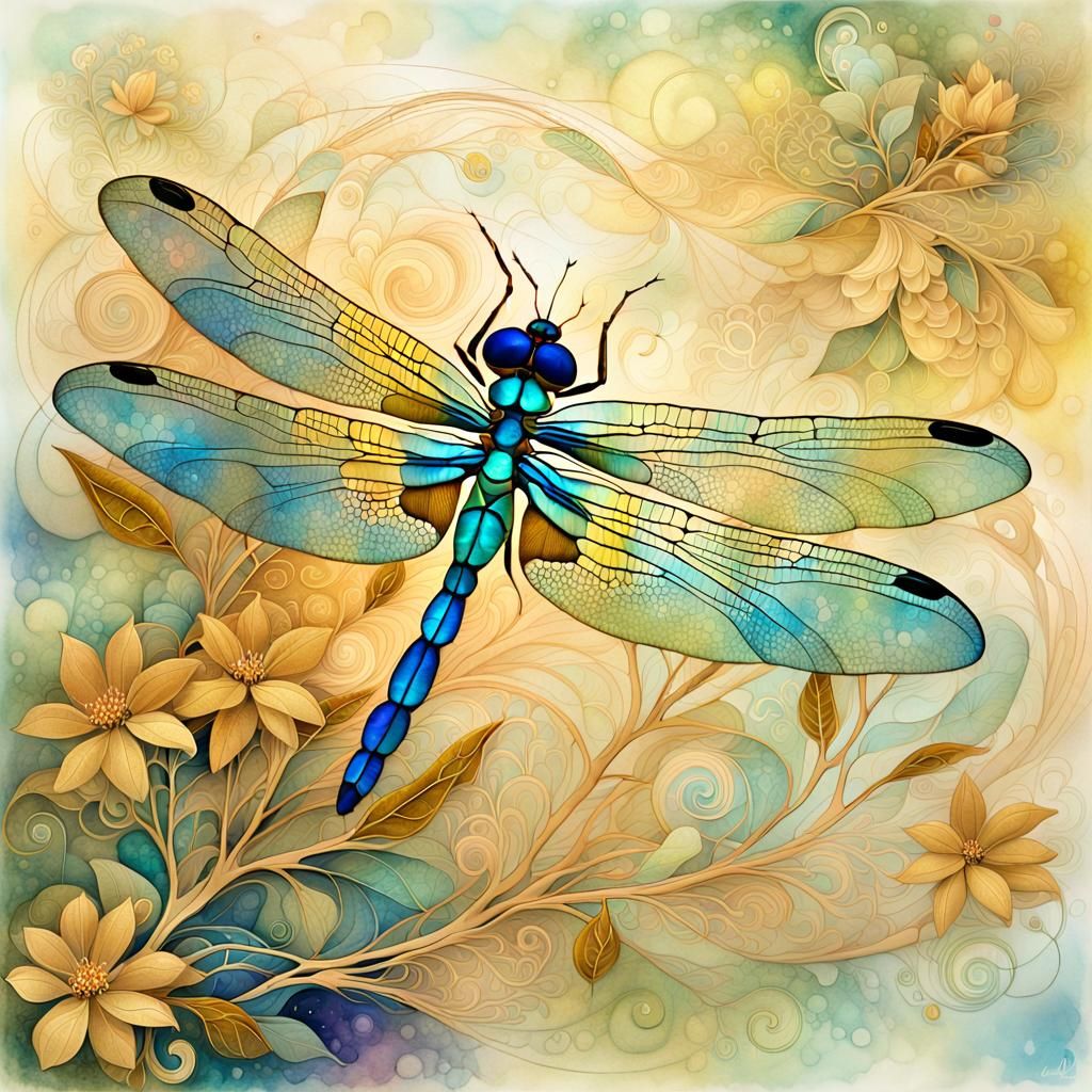 Golden Dragonfly in Surrealist Fractal Art