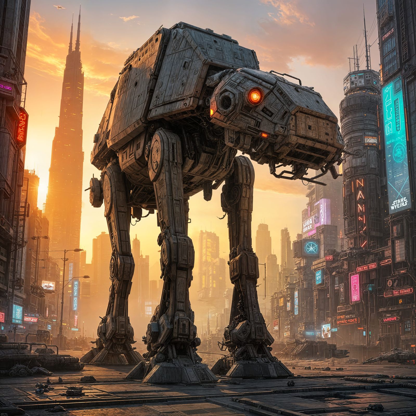 Glowing AT-AT Robot Patrolling a Neon Cityscape