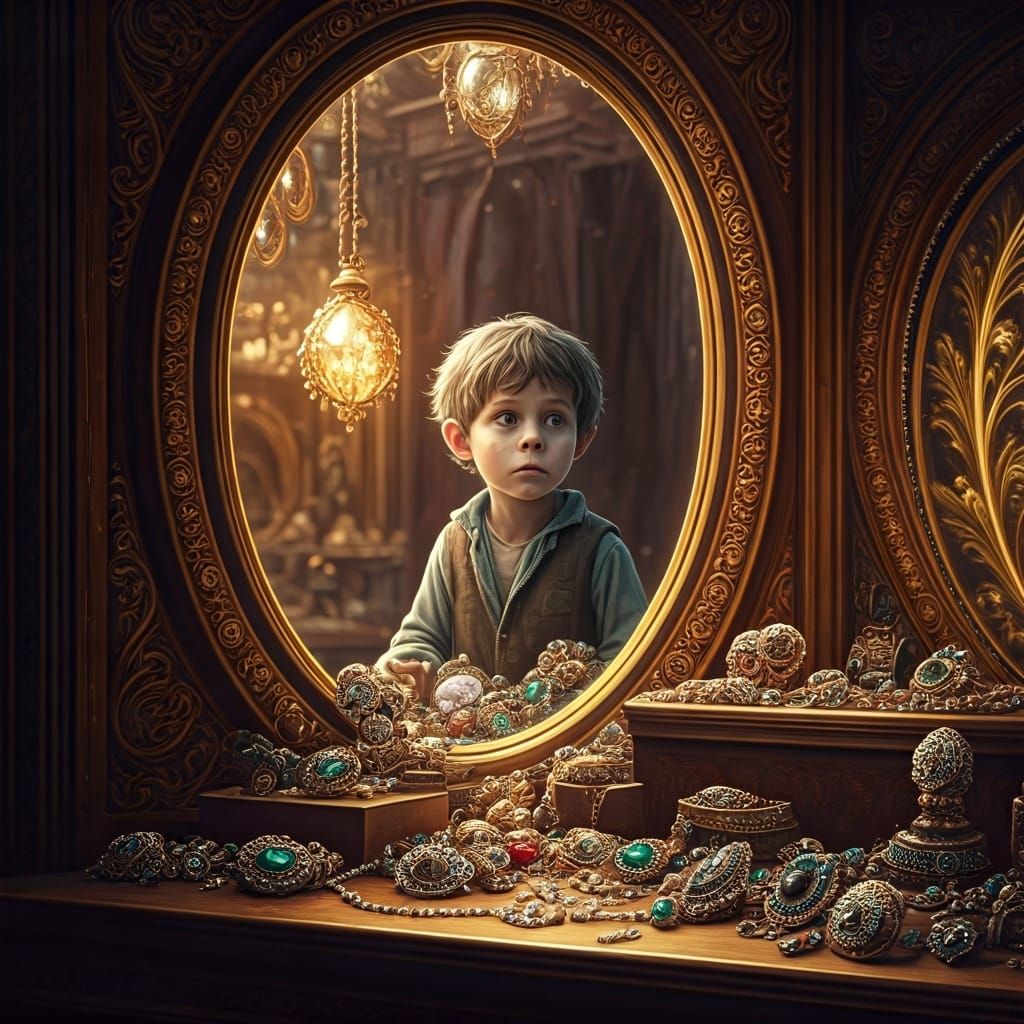 Boy's Reflection in Jeweled Window, Detailed Matte Painting