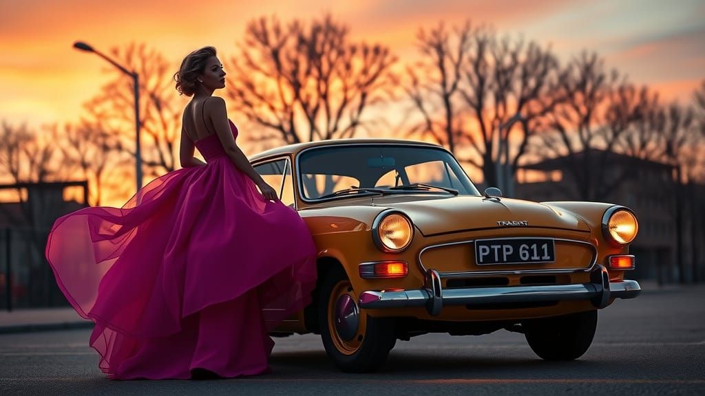 Glamorous Woman in Retro-Futuristic Gown with 1969 Trabant