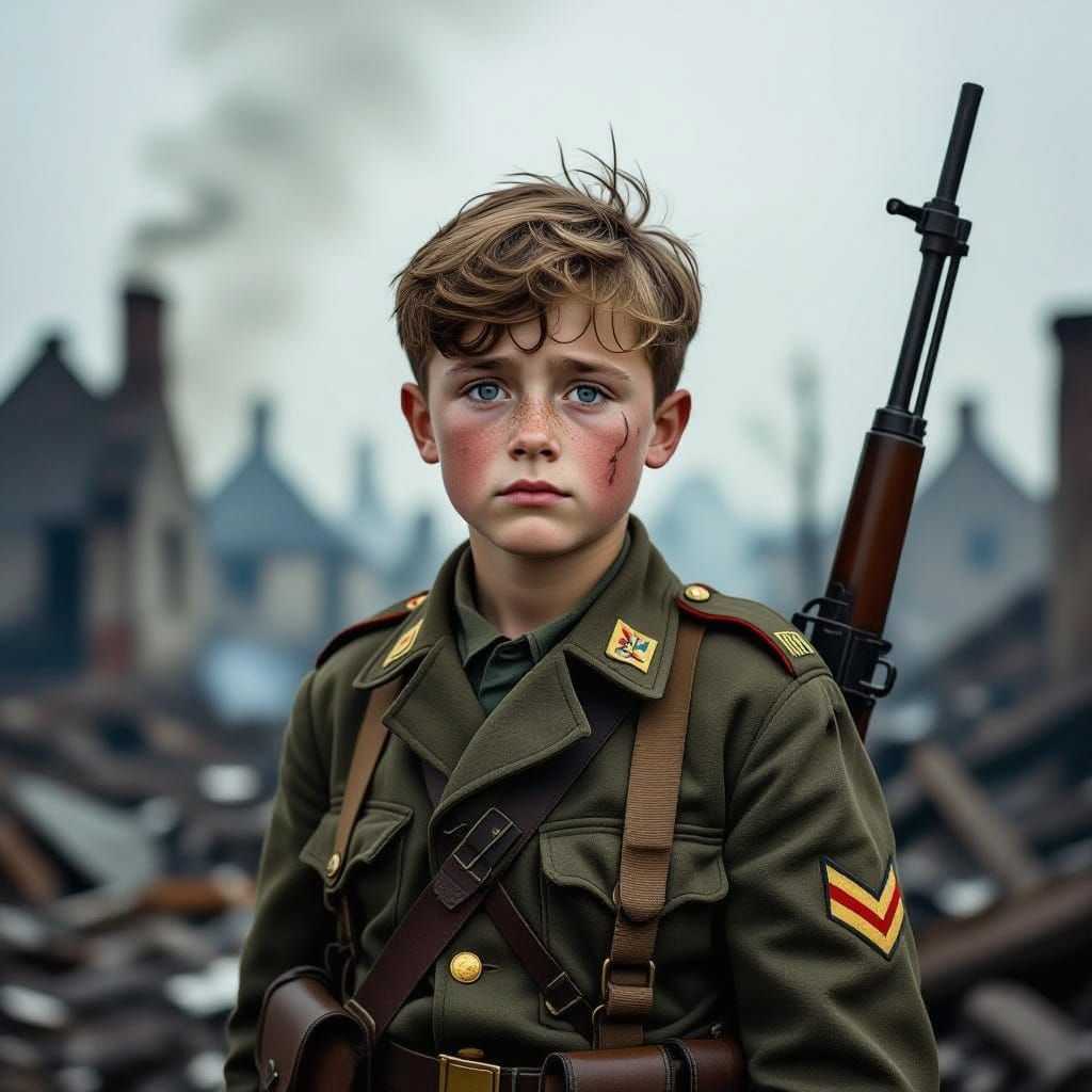 Young German Soldier Amidst Ruins, Haunting and Somber