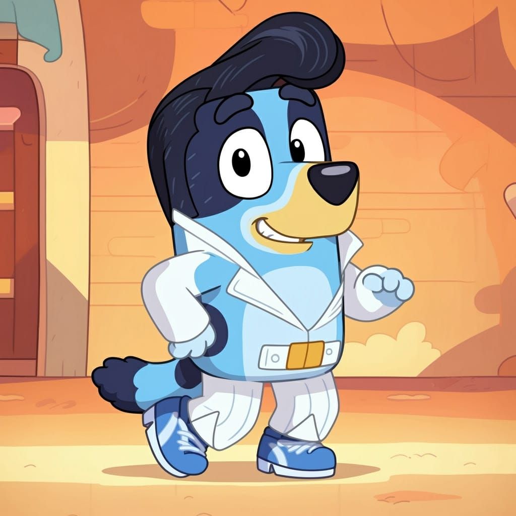 The cartoon character Bluey, a blue Blue Heeler dog, with her bright smile, dressed as Elvis and dancing in blue suede s...