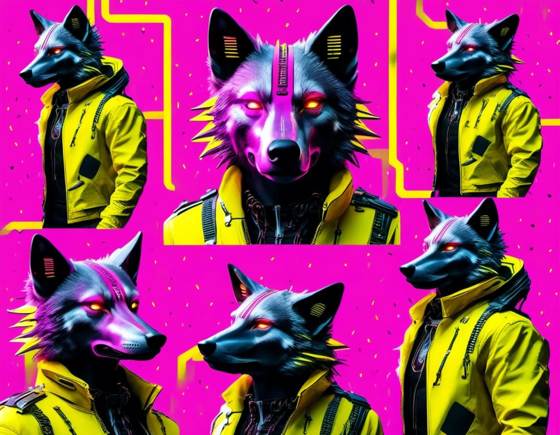 Cyberpunk Neon Wolf Collage Art in Glitchcore Style