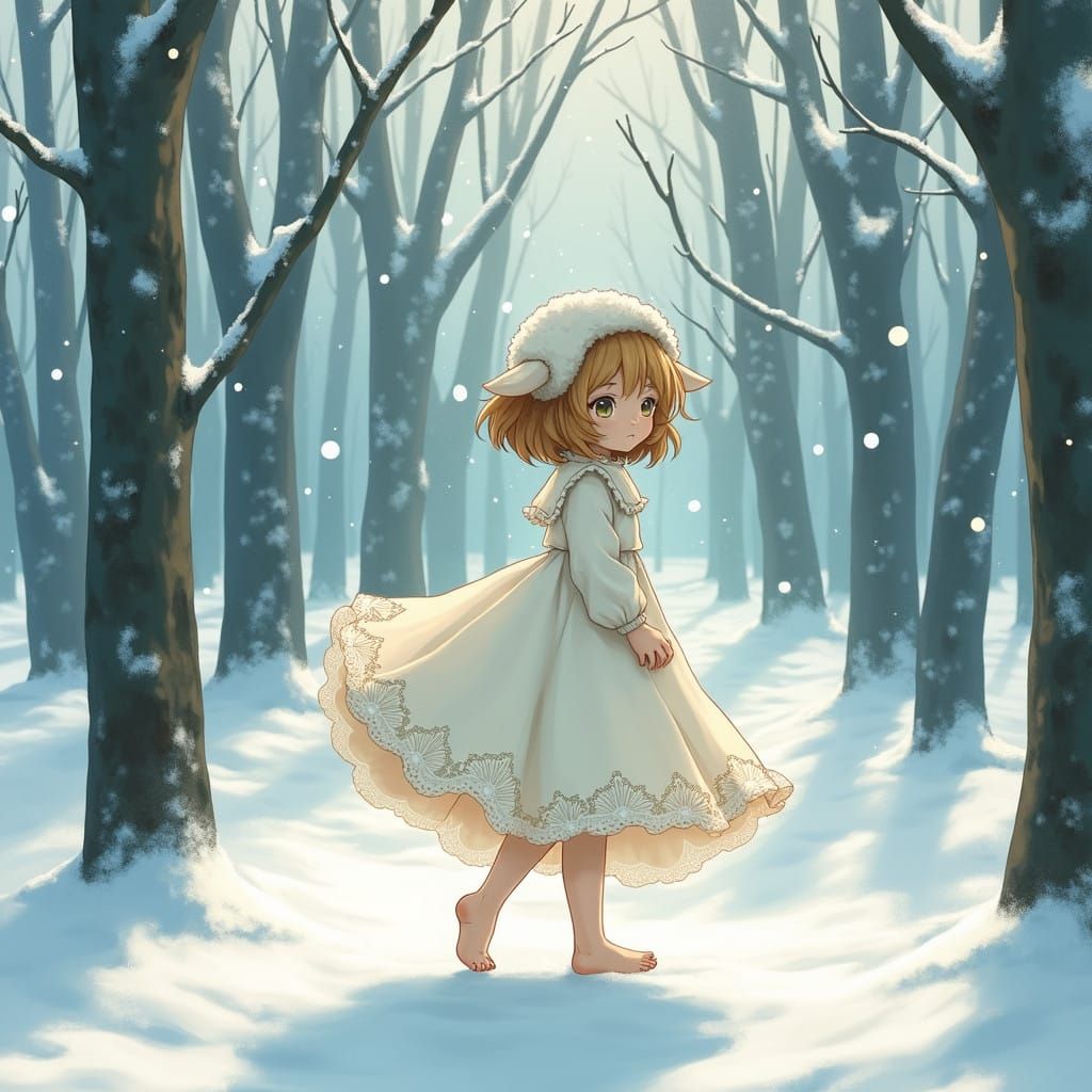 Whimsical Anime Girl Stands in Snowy Woods with Sheep Head a...