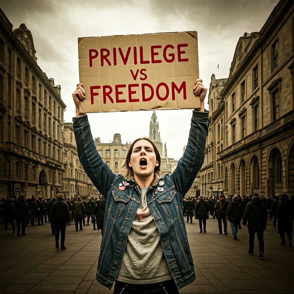 Protestor Demands True Freedom in Gritty Cityscape