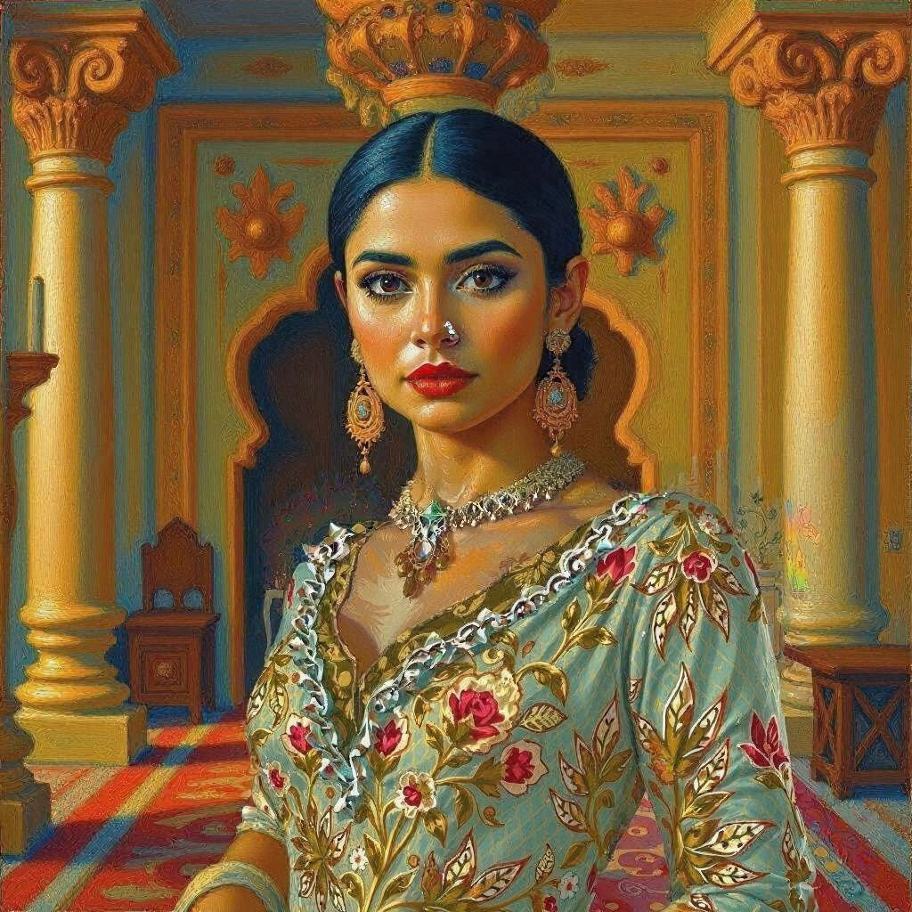 Mughal-Inspired Portrait of an Indian Woman in Haute Couture