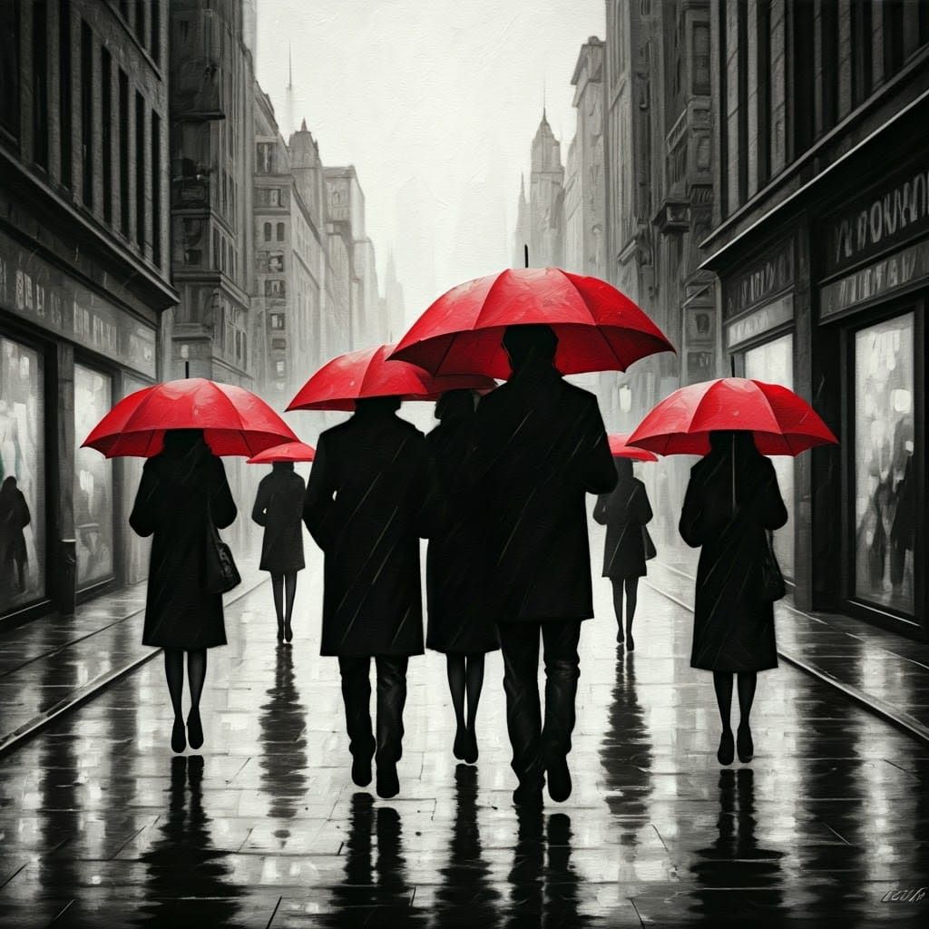 Vibrant Red Umbrellas in Monochromatic Cityscape
