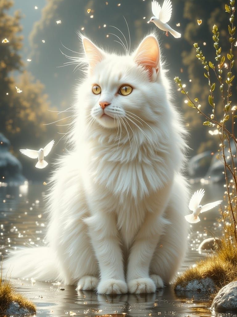 Surreal Cosmic Cat with Doves and Olive Branch in Holographi...