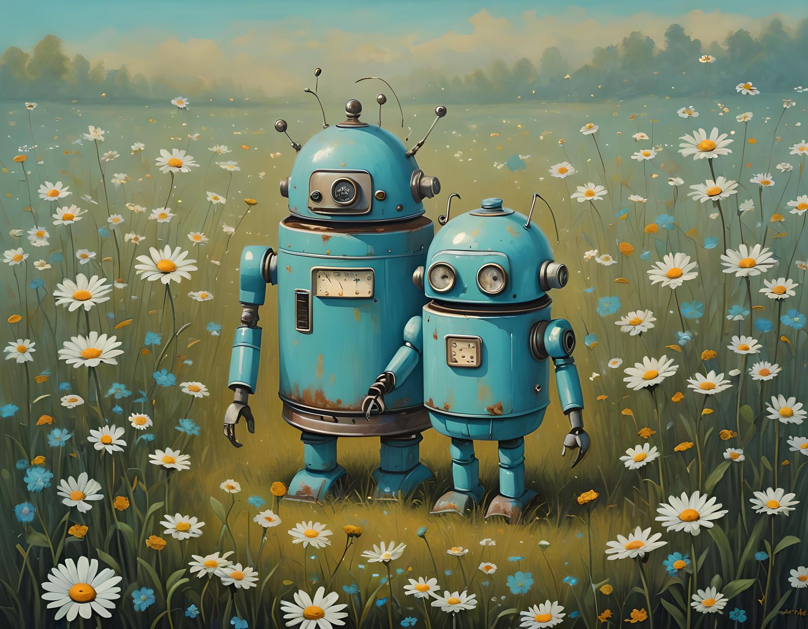 Robot's Retro Romance in Pastel Field