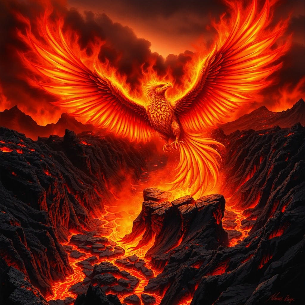 Phoenix Rising from Volcanic Crater in Epic Fantasy Art