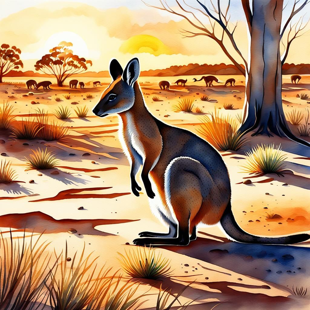 Wallaby in Australian Outback: Dreamtime Watercolor