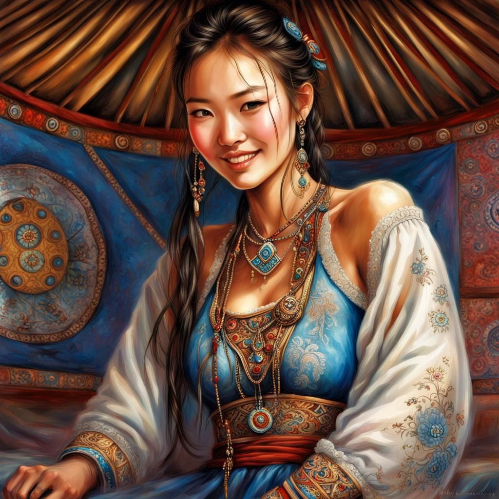 Mongolian young woman wearing an embroidered dress