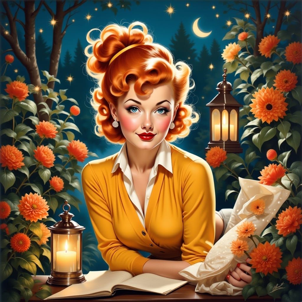 Woman Reading Letter in Magical Garden by Candlelight