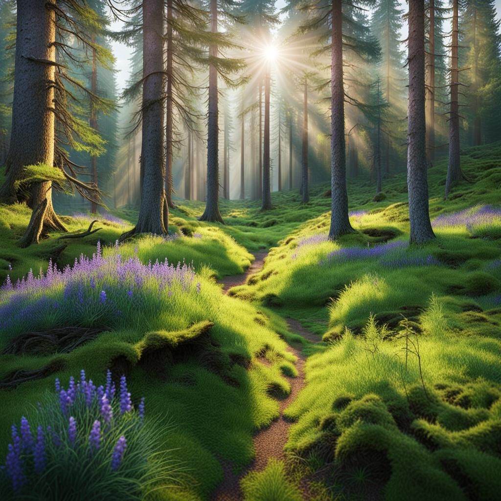 Sunlit Mysterious Green Coniferous Forest